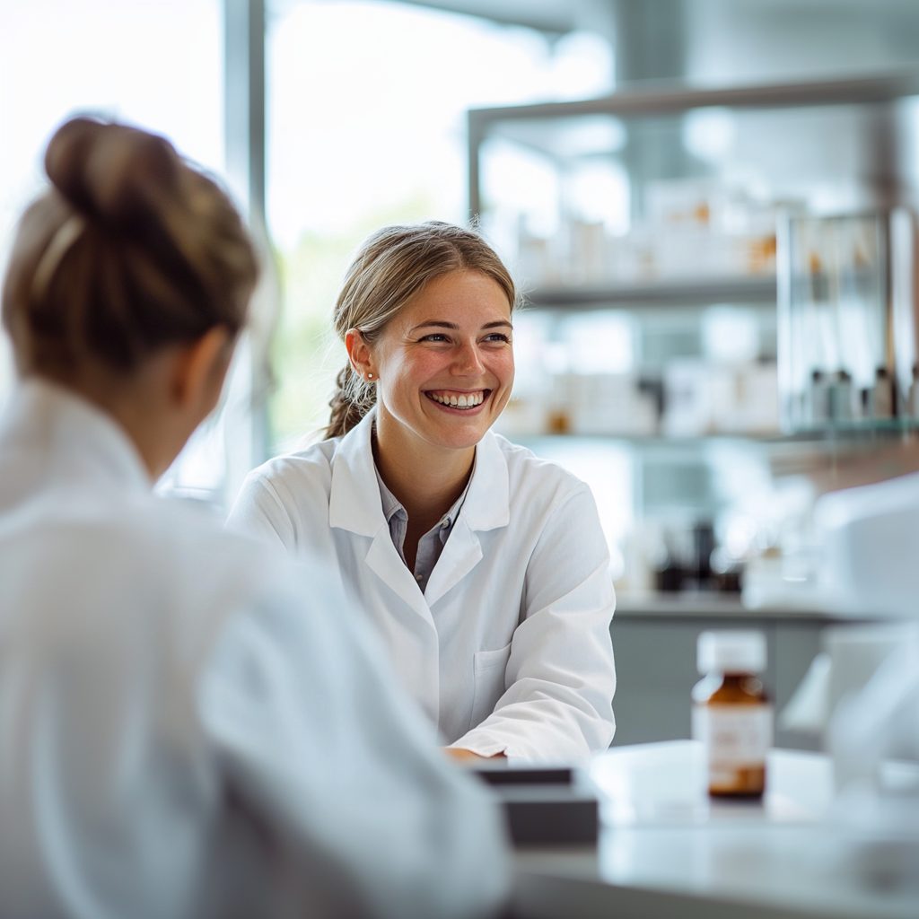 Auf dem Foto sieht man eine PtA aus dem Saarland, die über www.stellenangebotesaarland.de ihren neuen Job gefunden hat. Sie steht in der Apotheke und sieht glücklich aus.