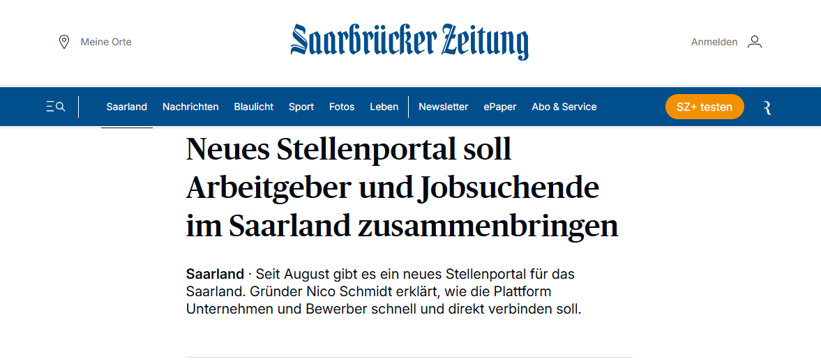 Auf dem Foto sieht man einen Zeitungsausschnitt der Saarbrücker Zeitung, die über www.stellenangebotesaarland.de berichtet - das saarländische Jobportal für alle, die im Saarland einen neuen Job suchen.