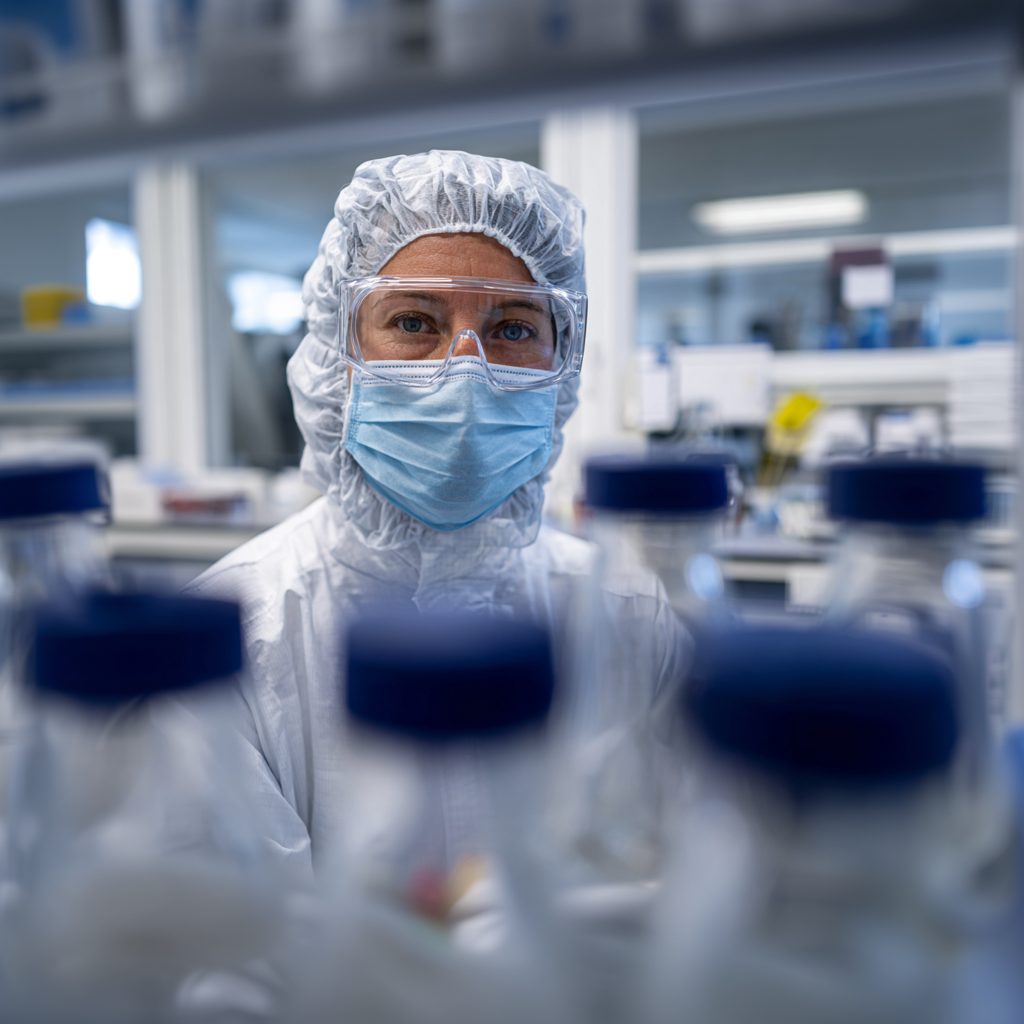 Auf dem Foto sieht man eine Mitarbeiterin im Sterilbereich eines Pharmaunternehmens im Saarland. Sie hat ihren Job bei www.stellenangebotesaarland.de gefunden.