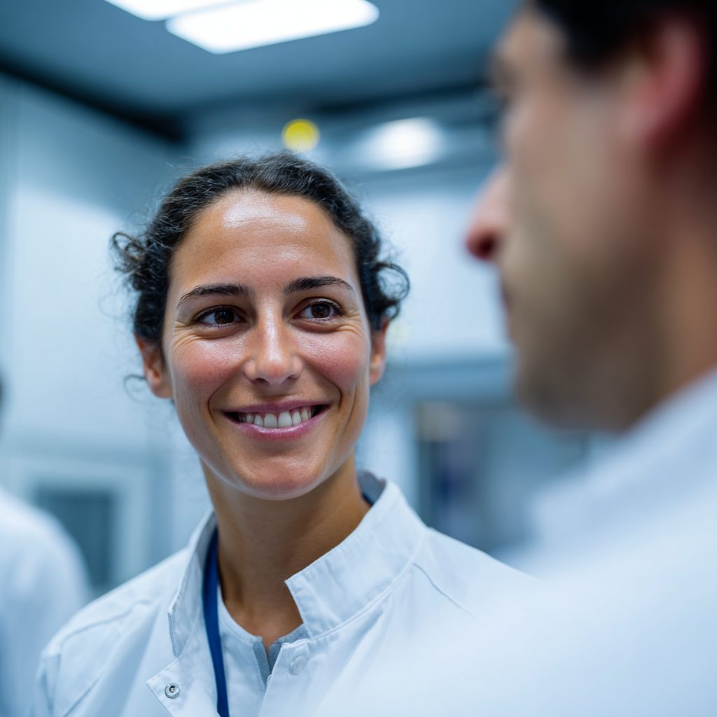 Auf dem Foto sieht man eine junge Frau, die im Reinraum arbeitet und bei einer saarländischen Firma einen Job über www.stellenangebotesaarland.de gefunden hat.