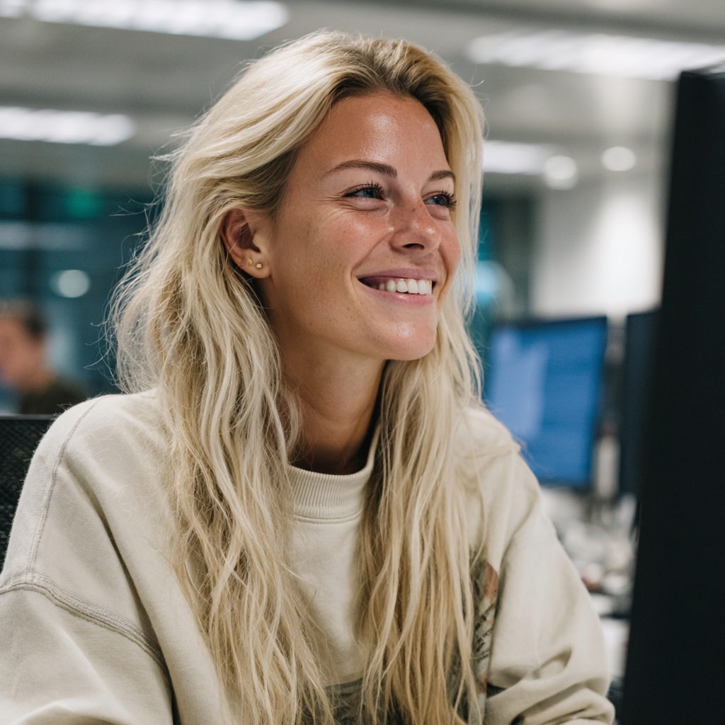 Auf dem Foto sieht man eine Auszubildende, die ihren Ausbildungsplatz als Bürokauffrau im Saarland über www.stellenangebotesaarland.de gefunden hat.