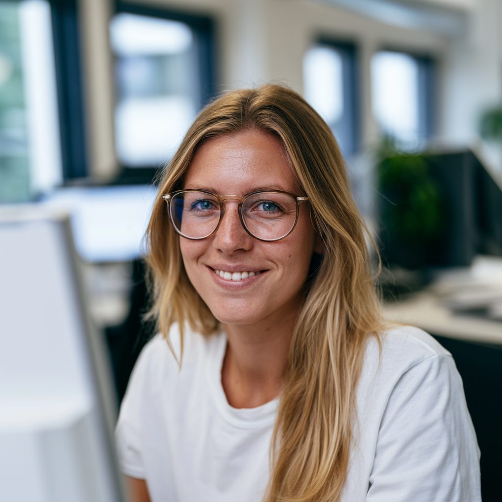 Auf dem Foto sieht man eine junge Frau, die mithilfe von stellenangebotesaarland.de ihren neuen Job im Kundenservice in einer Saarbrücker Firma gefunden hat.