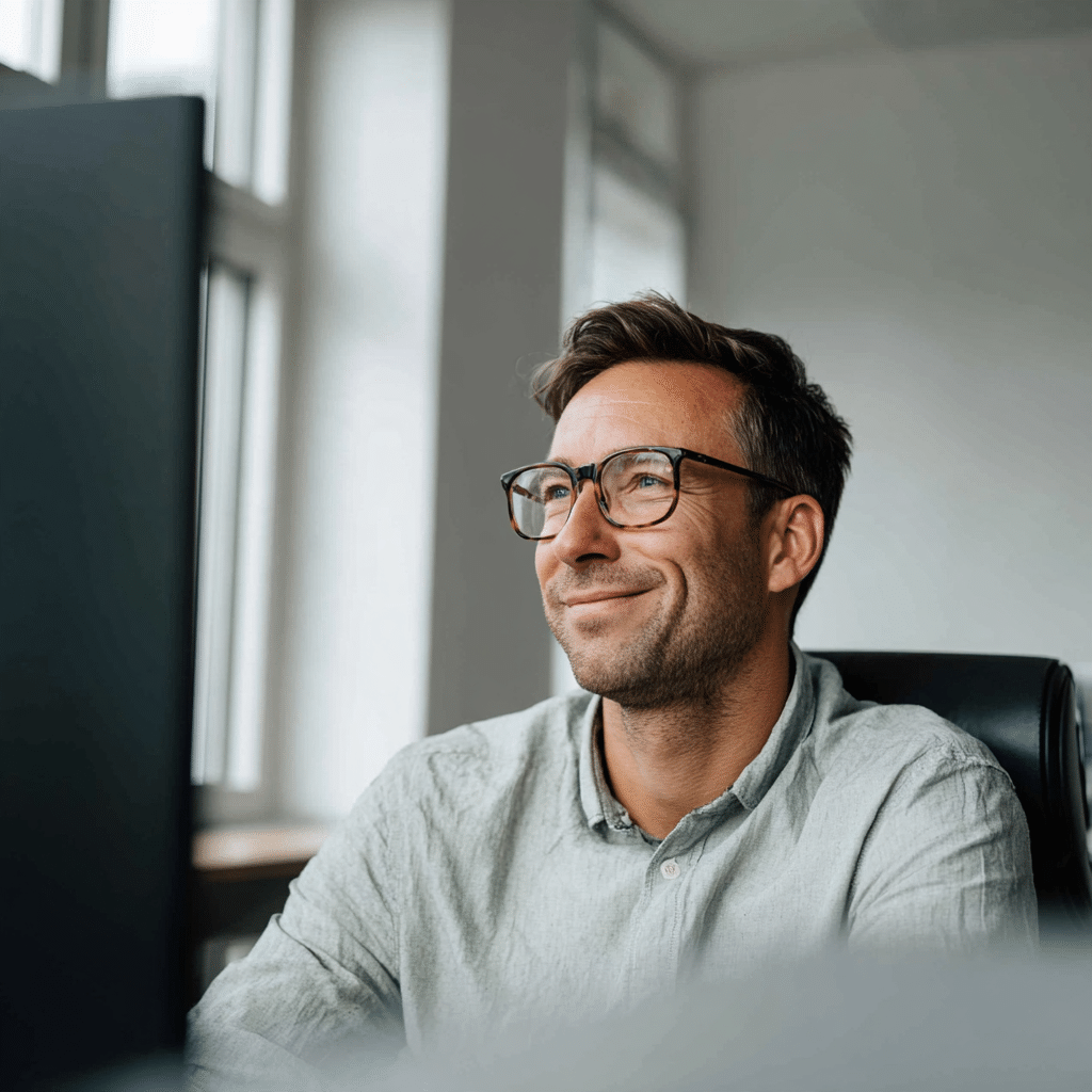 Mann mit Brille am Bildschirm – Symbolbild für IT-Jobs bei der dinext. AG in Saarbrücken.